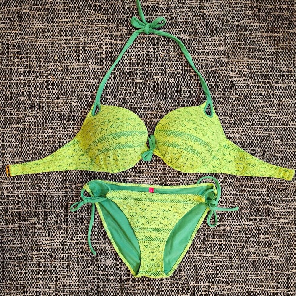 Victoria’s Secret Bikini Set 36D Add-A-Cup Top Large Bottom Neon Lace Swim